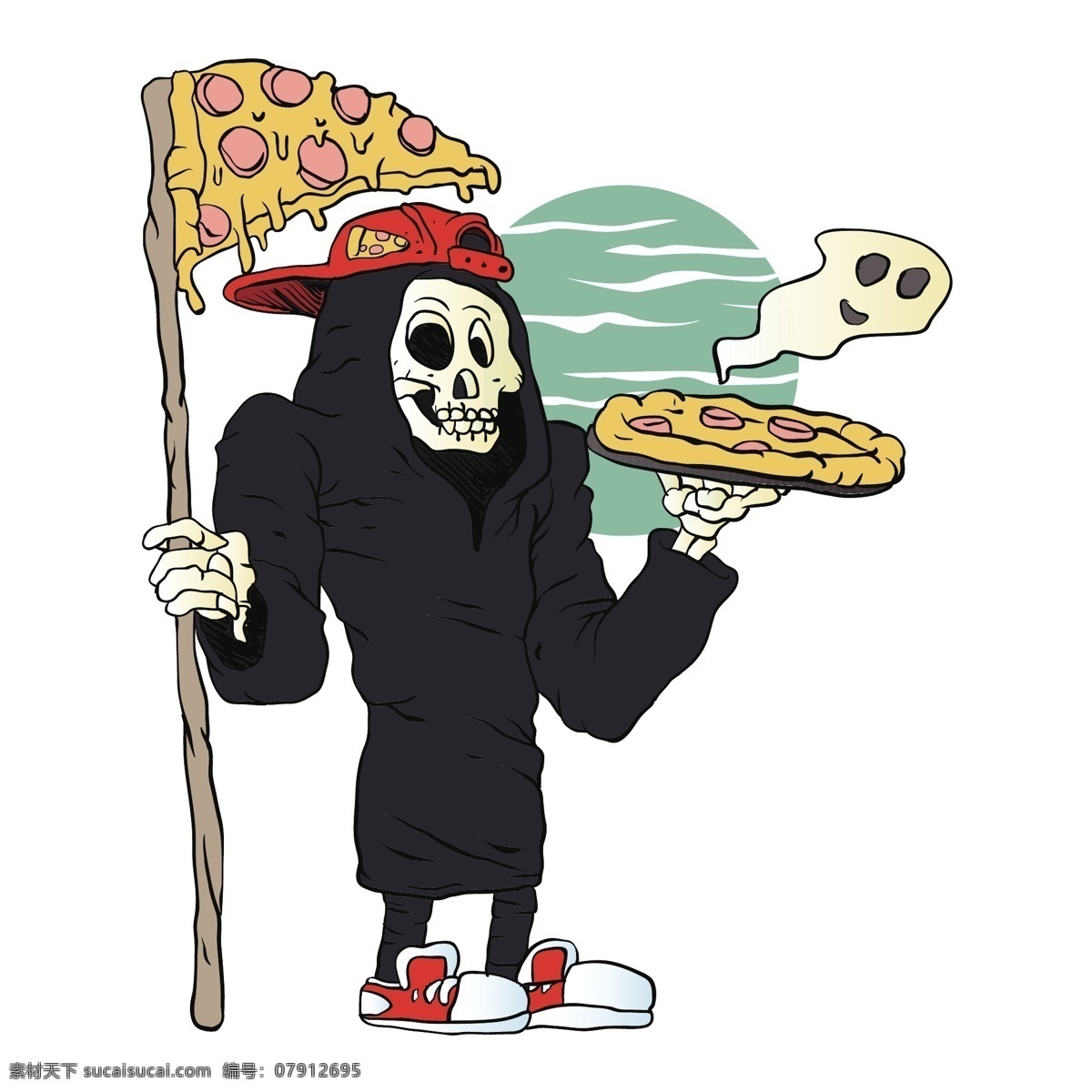 捧 披萨 骷髅 僵尸 捧着 t恤 印花图案 卡通插画 流行元素 底纹边框 矢量素材