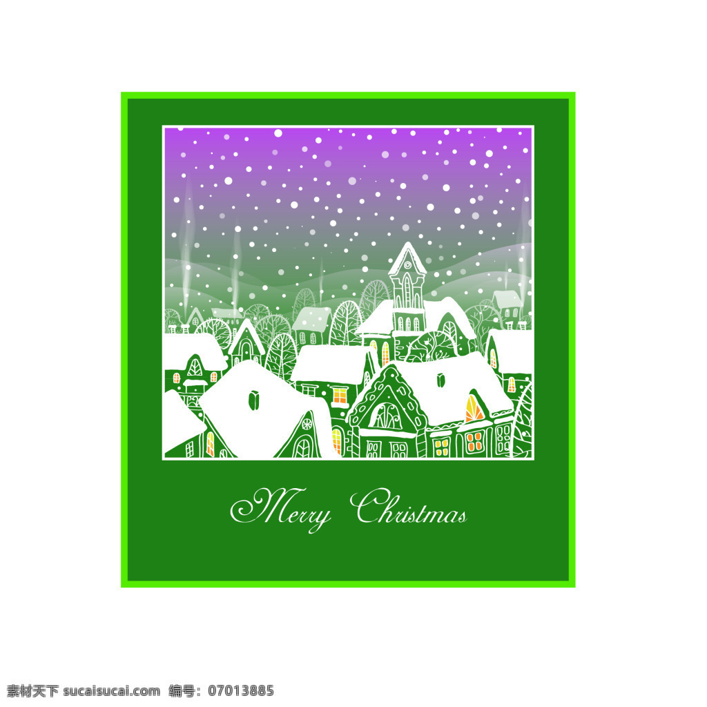 手绘 绿色 简约 梦幻 圣诞节 雪夜 背景 贺卡 矢量 模板 圣诞节贺卡 圣诞 雪景 房子 卡片 新年