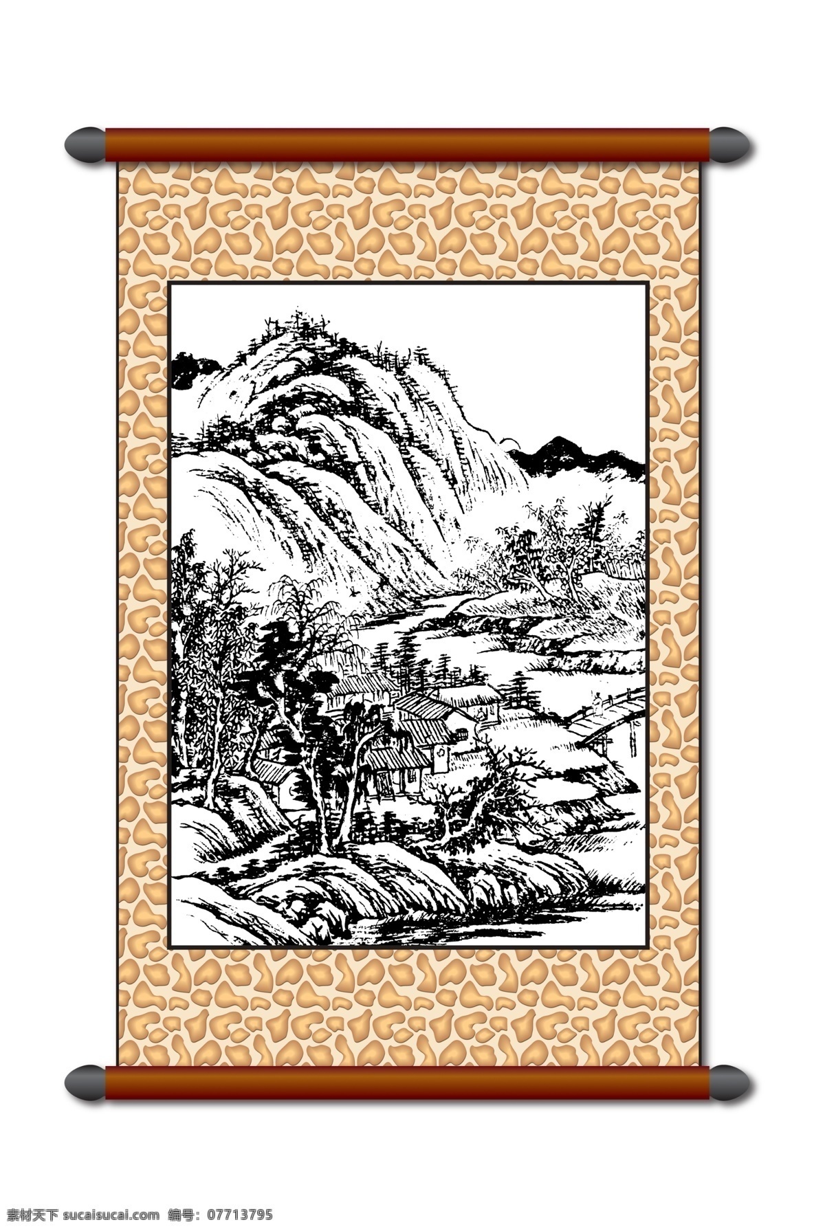 分层 白描 版画风景 传统画 风景 风景画 工笔 古画 模板下载 白描风景 山水画 古建筑 树木 房屋村庄 线描 美术 黑白稿 卷轴画 挂画 中国风 艺术画 文化艺术 绘画书法 设计图库 源文件 家居装饰素材 山水风景画