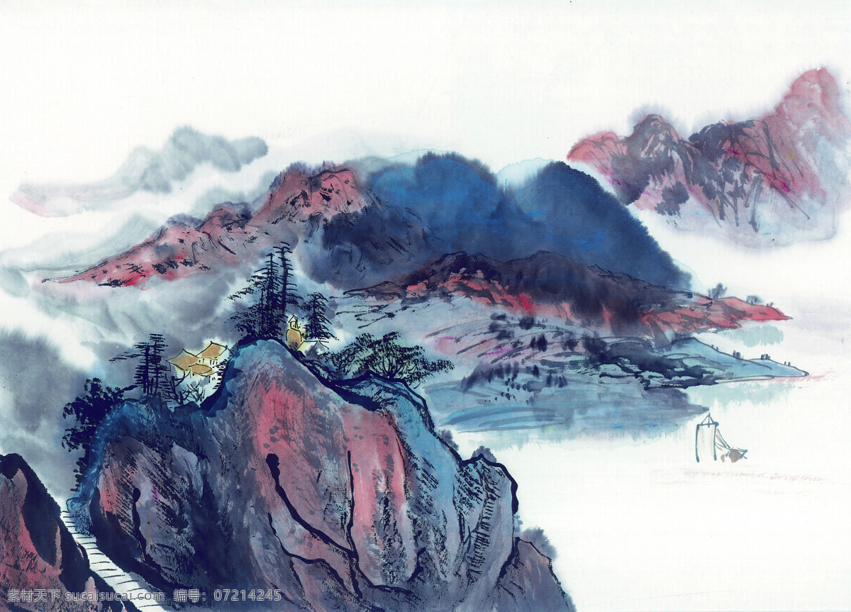 中国国画篇 山水 国画 水墨 轻舟 小路 山峦 寺庙 中国 篇 文化艺术 绘画书法