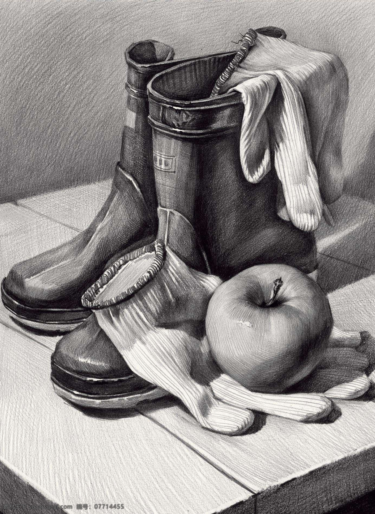 素描 素描静物 静物素描 素描作品 靴子 苹果 手套 艺术绘画 文化艺术 绘画书法