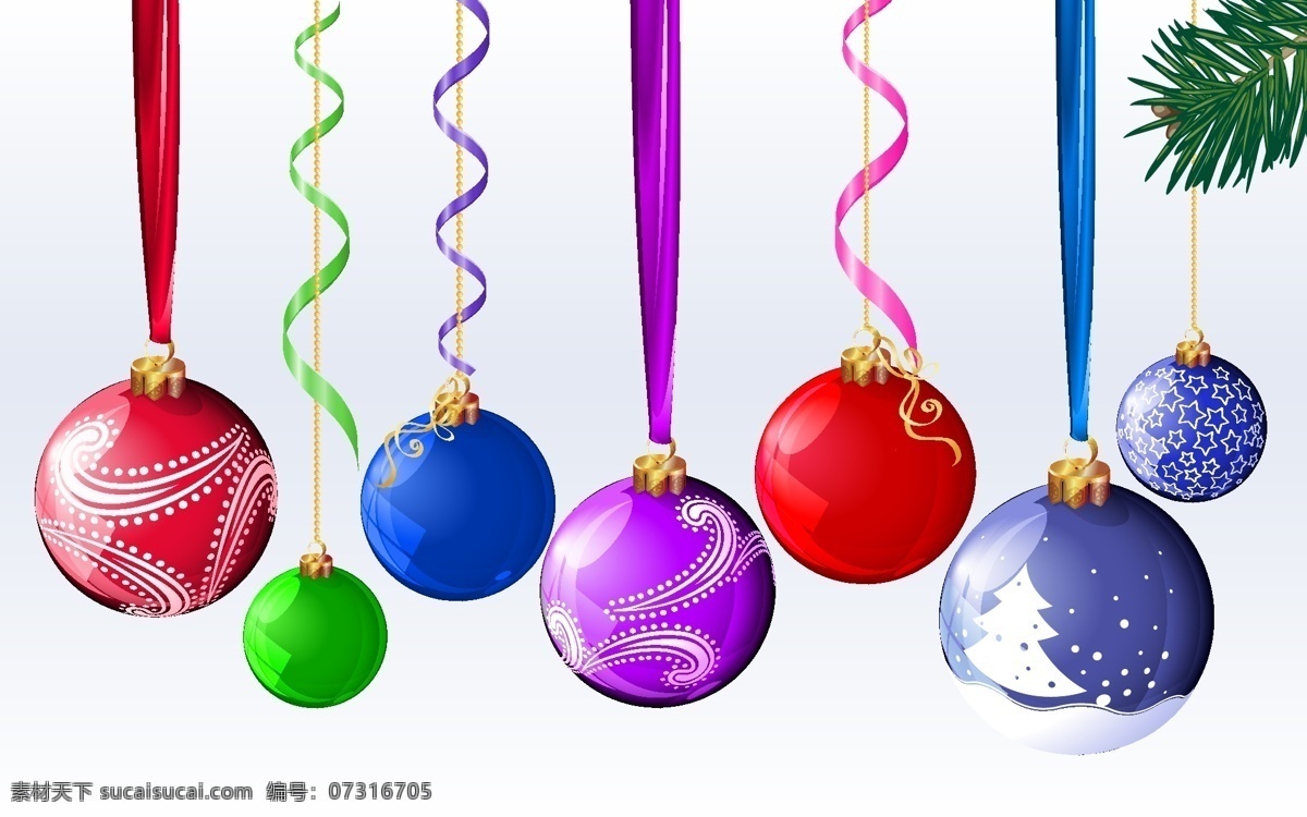圣诞节 挂 球 矢量 饰品 丝带 松枝 雪 装饰球 挂球 矢量图 其他节日