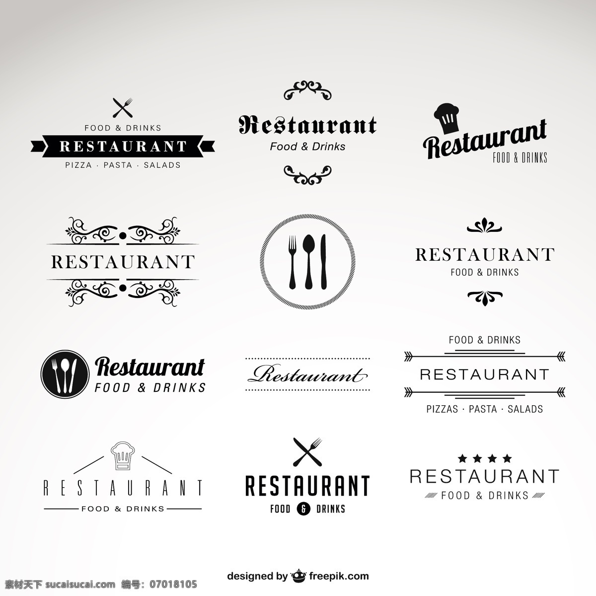 餐厅标志集合 标识 年份 食品 图标 餐厅 复古 模板 厨师 老式标志 徽章 标志 文本 图形 布局 饮料 平面设计 白色