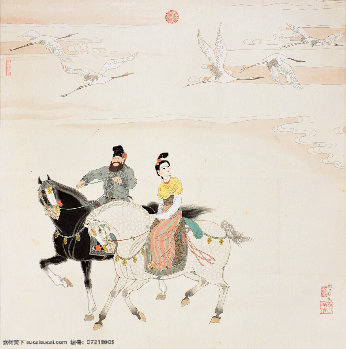 丝绸之路 谢振瓯作品 盛唐时期 飞鹤 如日中天 一男一女 观景 中国古代画 中国古画 文化艺术 绘画书法
