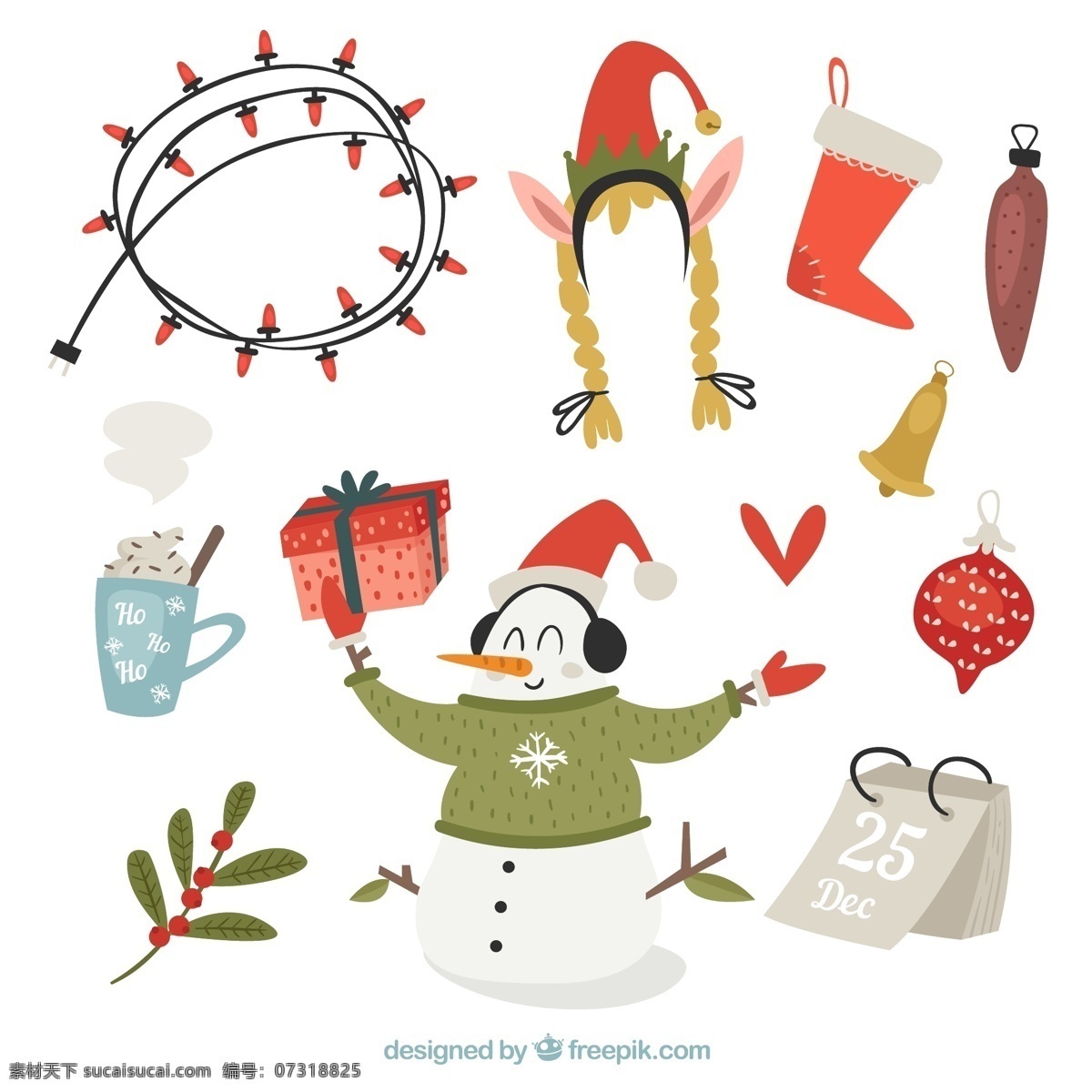 款 彩绘 圣诞 元素 矢量 彩球 彩色 节日 卡通 礼物 圣诞节 手绘 雪人 植物