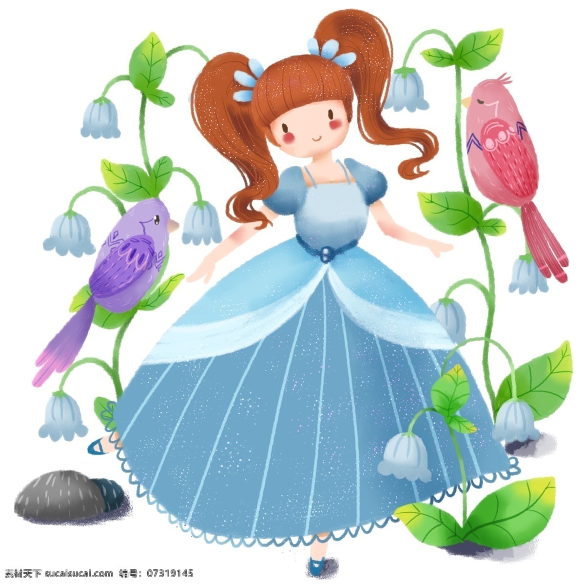 手绘 蓝色 裙子 女孩 野外 森林 跳舞 少女 小女孩 可爱 卡通 春天 春 鸟 动物 鸟儿 植物 花 花朵