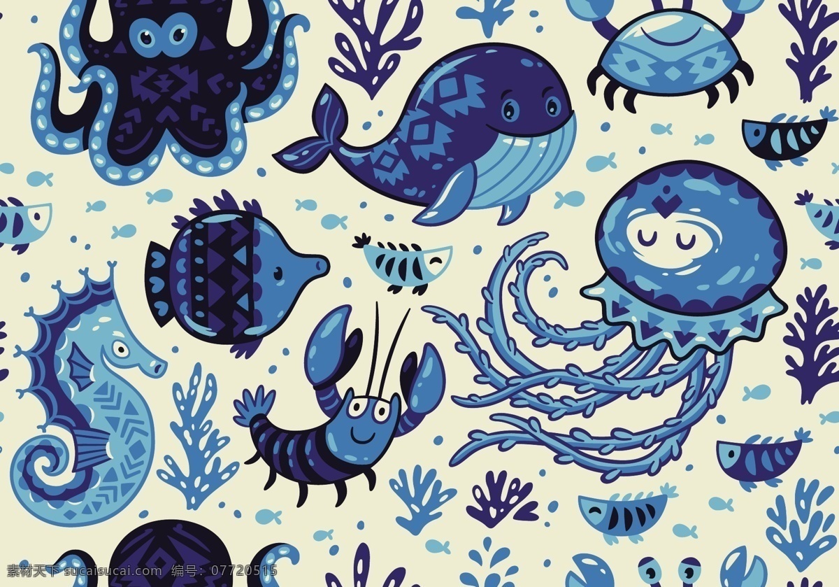 蓝色 卡通 海洋 动物 背景 底纹 章鱼 水母 海马