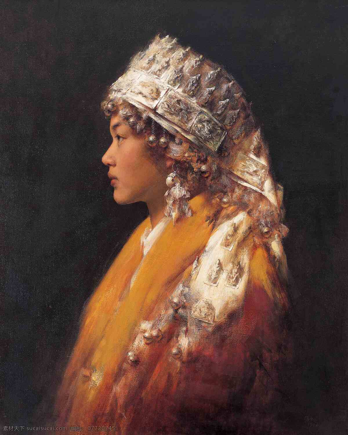 少数民族少女 侧颜 人物肖像 年轻女子 银制头饰 桔黄色披巾 现代油画 油画 文化艺术 绘画书法