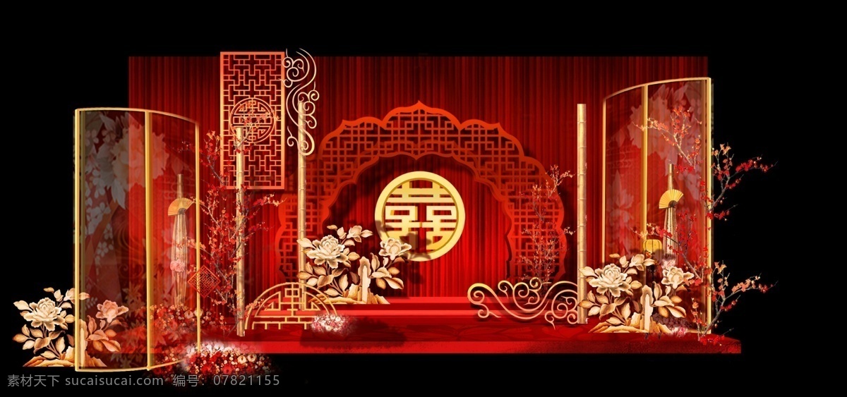 中式 红 金 婚礼 迎宾 极简 红金 屏风 花纹雕刻
