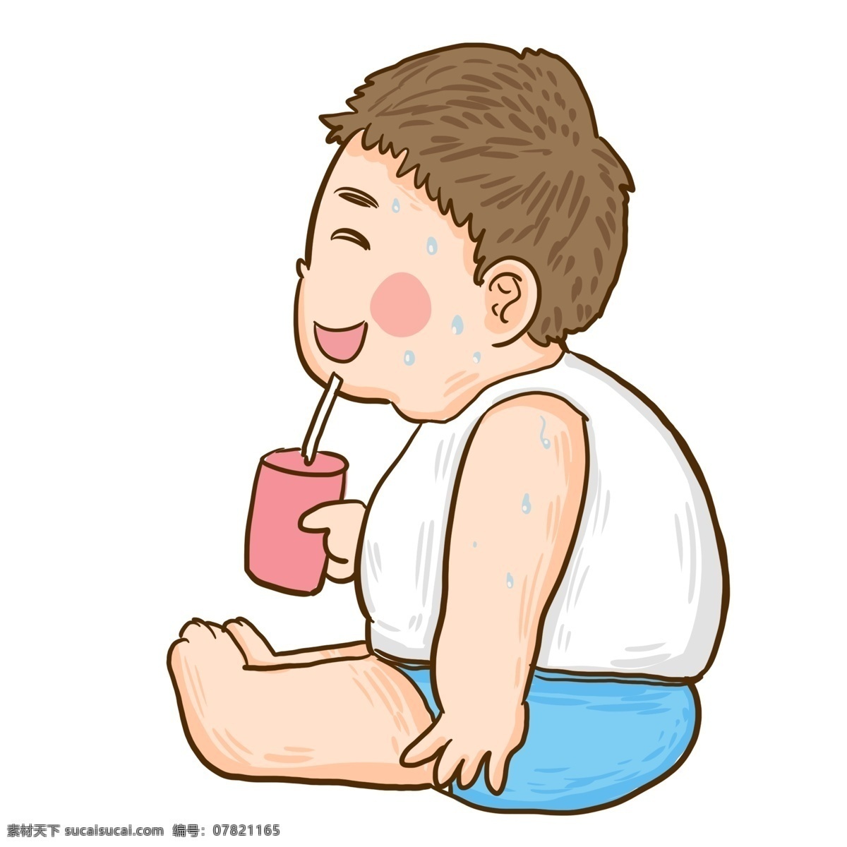 满头大汗 喝 饮料 肥 宅 卡通 插画 男孩 夏季 人物素材 手绘 肥宅 宅男 喝饮料