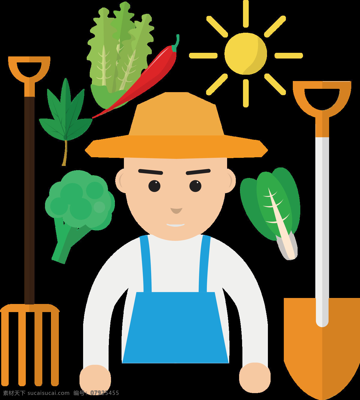 可爱 手绘 种植 蔬菜 劳动节 节日 元素 五一节 铲子 欢度佳节 种植蔬菜 黄色草帽 蓝色背带裤