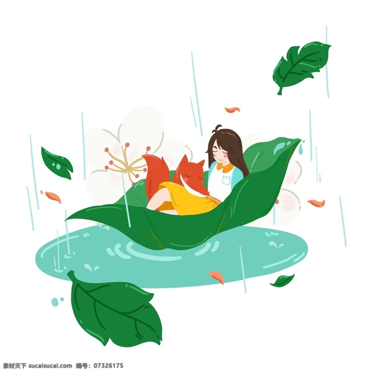 谷雨 坐在 叶子 女孩 谷雨人物插画 坐在叶子女孩 红色的狐狸 红色的小鱼 绿色的叶子 蓝色的雨滴