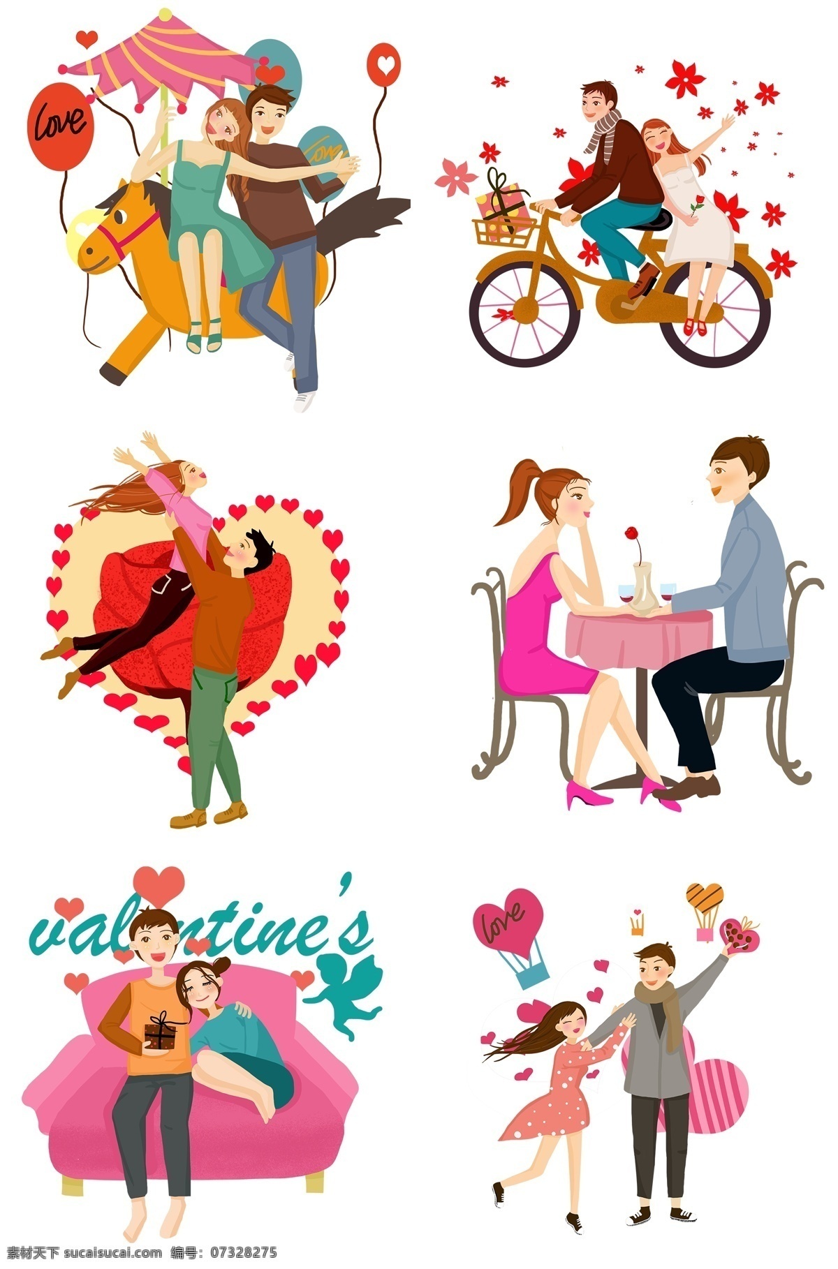 情人节 人物 合集 插画 恩爱的情侣 黄色的自行车 红色的玫瑰花 漂亮的小女孩 灰色的凳子