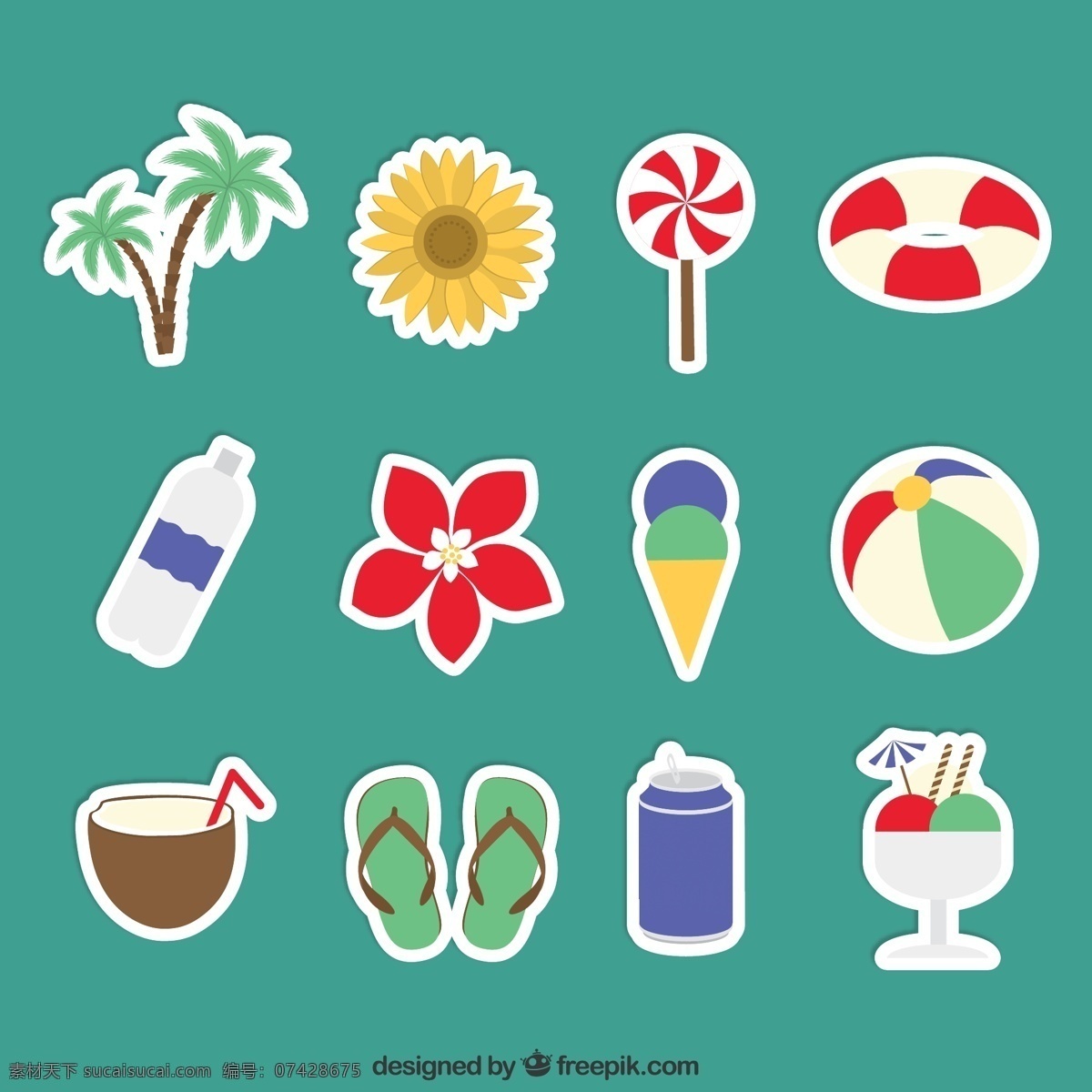 款 夏季 度假 贴纸 图标 矢量图 椰树 花卉 棒棒糖 游泳圈 矿泉水 冰淇淋 椰子汁 拖鞋 冷饮 沙滩 青色 天蓝色