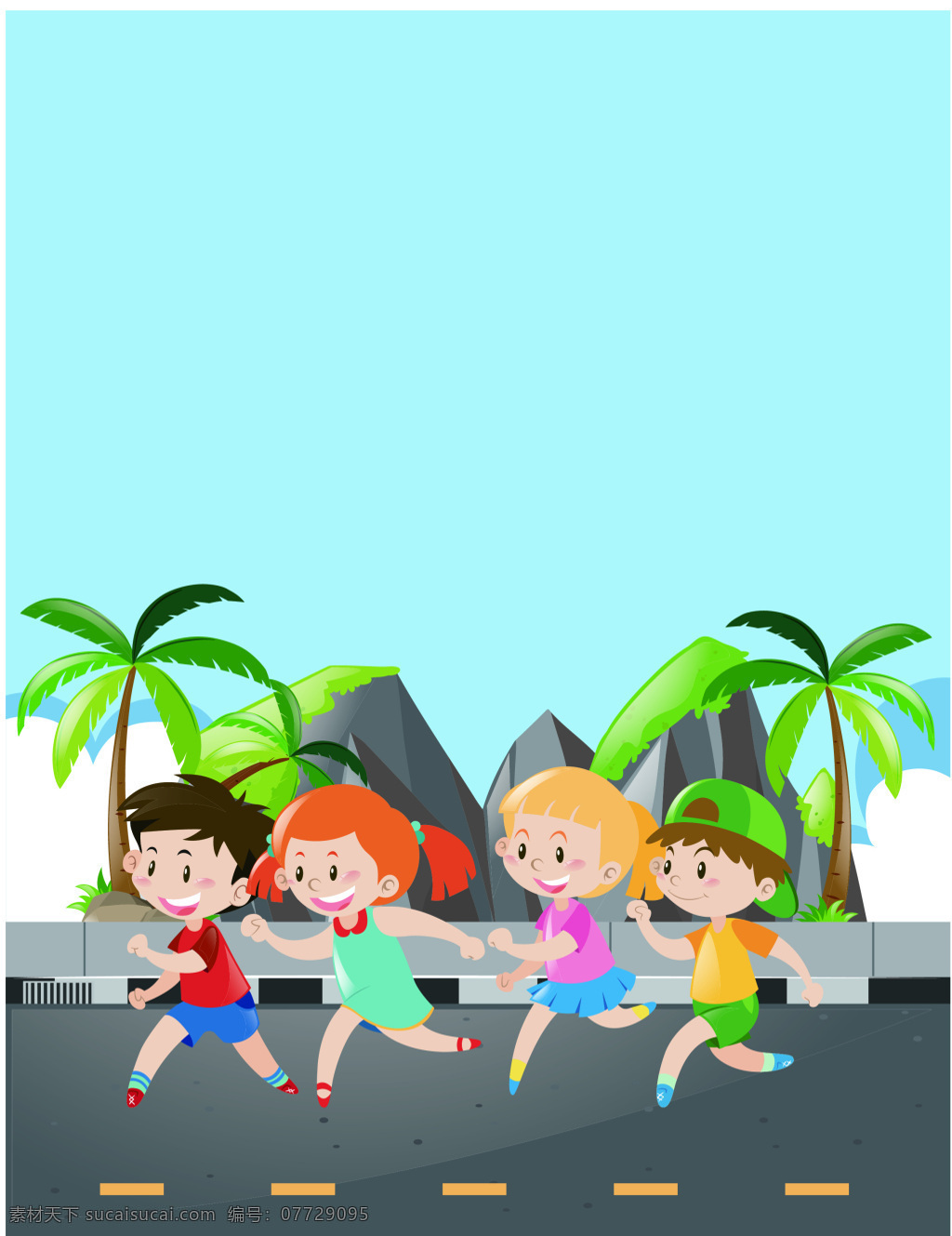 卡通 小朋友 跑步 海报 背景 锻炼 风景 健康生活 跑道 矢量海报 运动