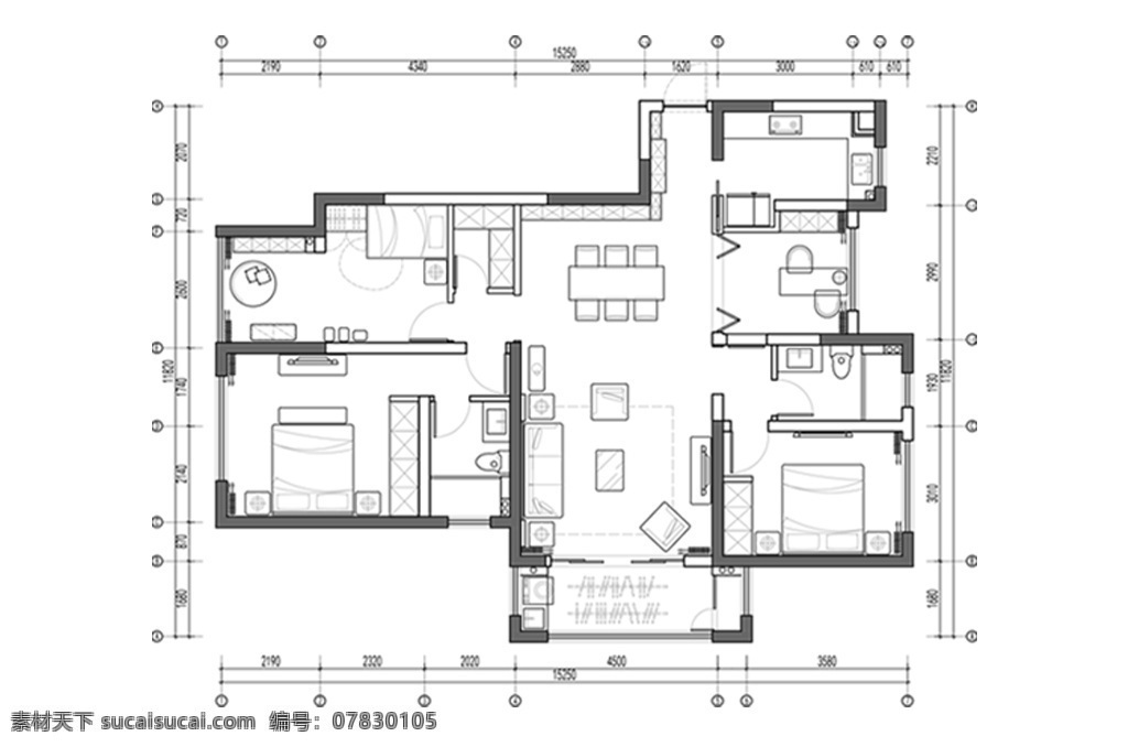 四 居室 户型 cad 方案 平面 高层 图 定制 居室布局定制 室 两 厅 多层 住宅