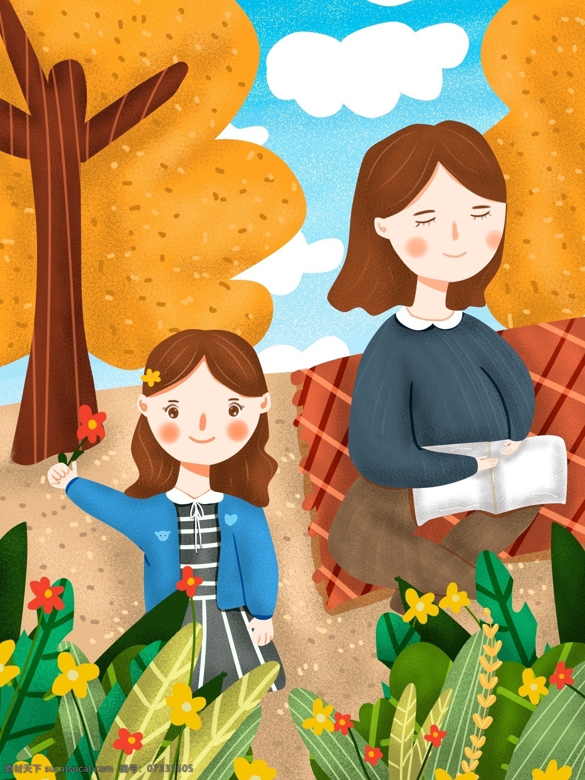 国际 儿童 日 妈妈 带 小女孩 看书 可爱 卡通 小清新 唯美 插画 国际儿童日