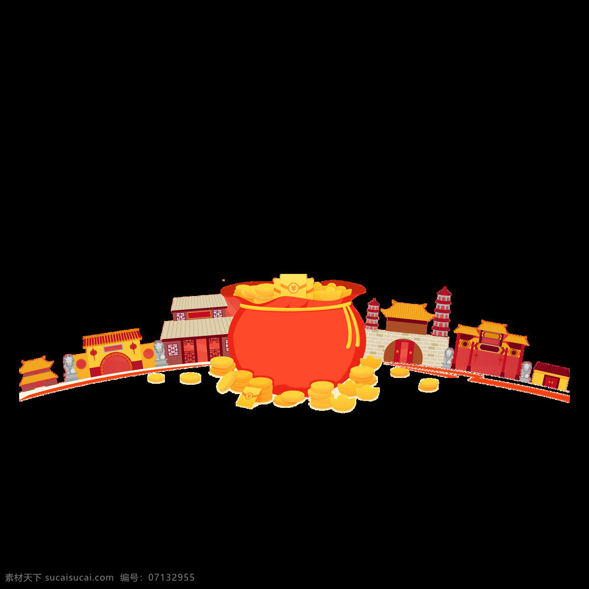 手绘 福 袋 城门 元素 中国风 古代 福袋