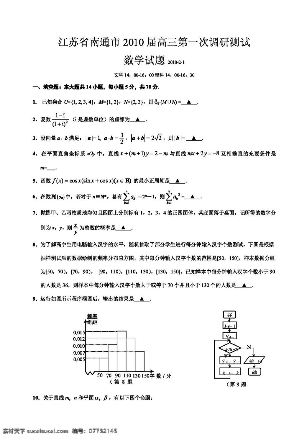 数学 苏 教 版 江苏省 南通市 高三 第一次 调研 测试 数学试题 高考专区 试卷 苏教版