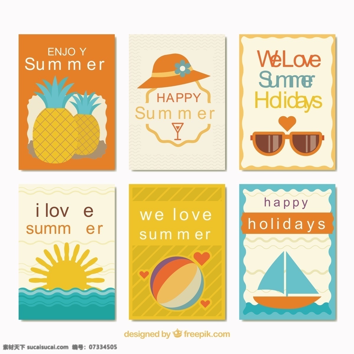 带 夏季 元素 扁 牌 贺卡 模板 海洋 阳光 水果 色彩 假日 公寓 船 帽子 平面设计 菠萝 卡片 装饰 太阳镜 度假