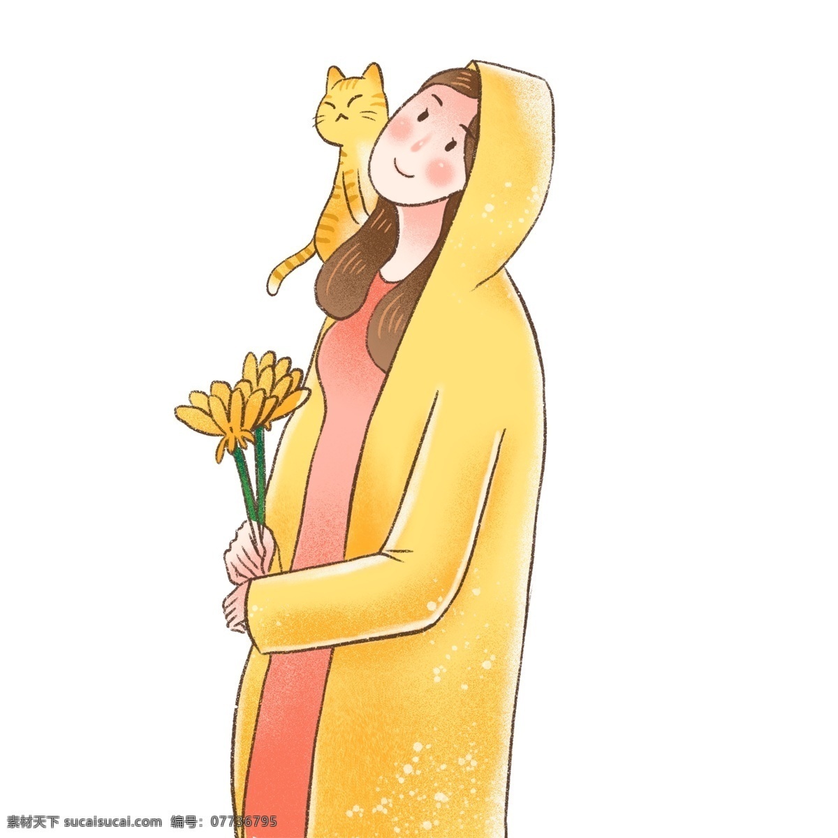 小 清新 穿着 雨衣 女孩 猫咪 小清新 手绘 卡通 插画 人物 治愈系