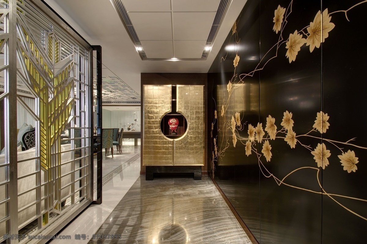 现代 时尚 客厅 走廊 黑色 金色 花纹 背景 墙 室内 图 室内装修 客厅装修 黑色花纹 亮面地板 银色地板