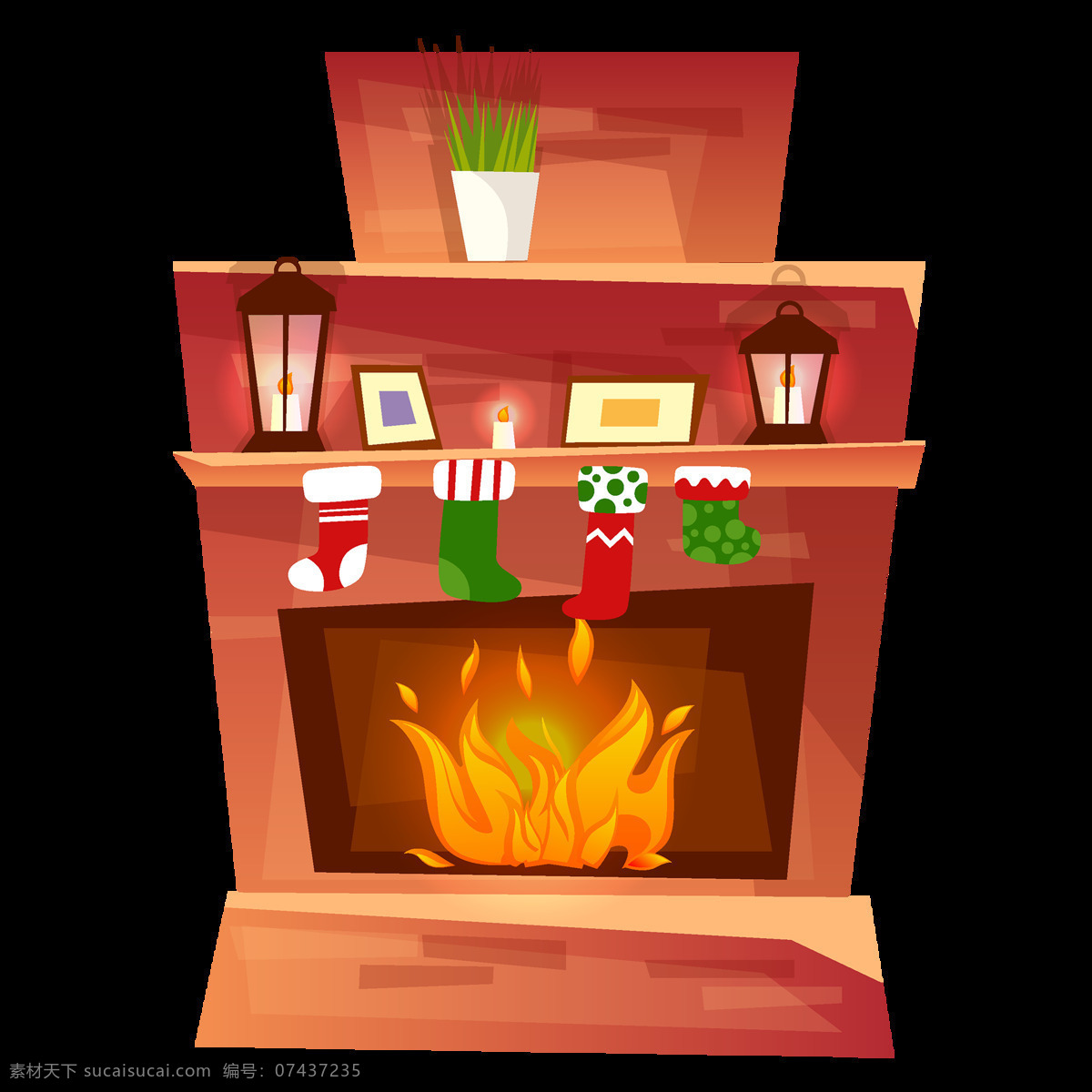 圣诞节 壁炉 原创 元素 卡通 袜子 相框 绿植 手绘 炉火