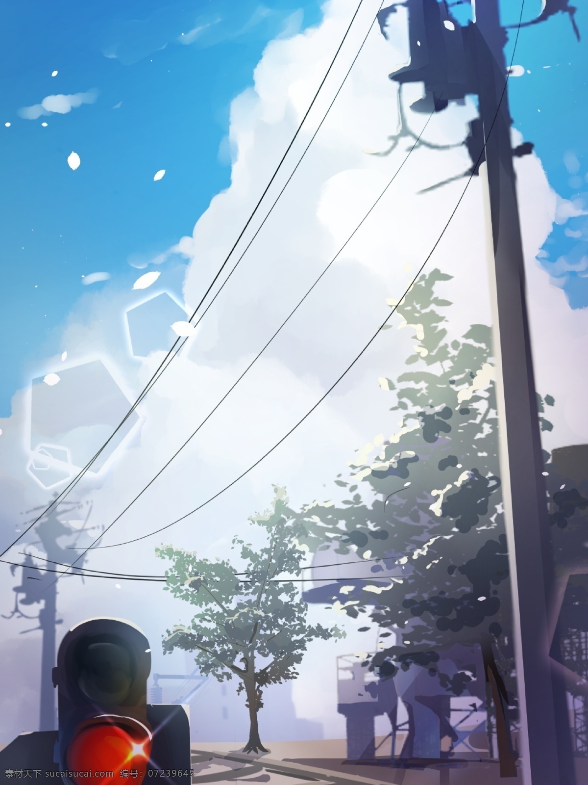 原创 插画 日 系 场景 风景 轨道 蓝天 白云 日系 铁轨 红绿灯 电线杆