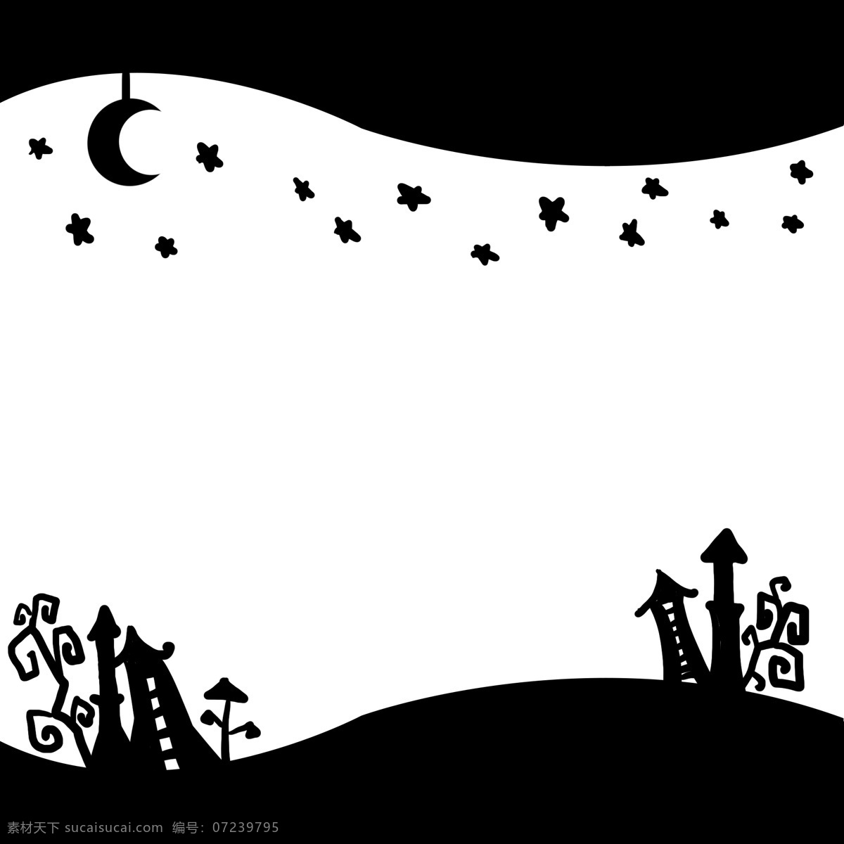 万圣节 主题 黑白 边框 手绘 插画 万圣节主题 星星月亮 黑白城堡 背景 圣诞节
