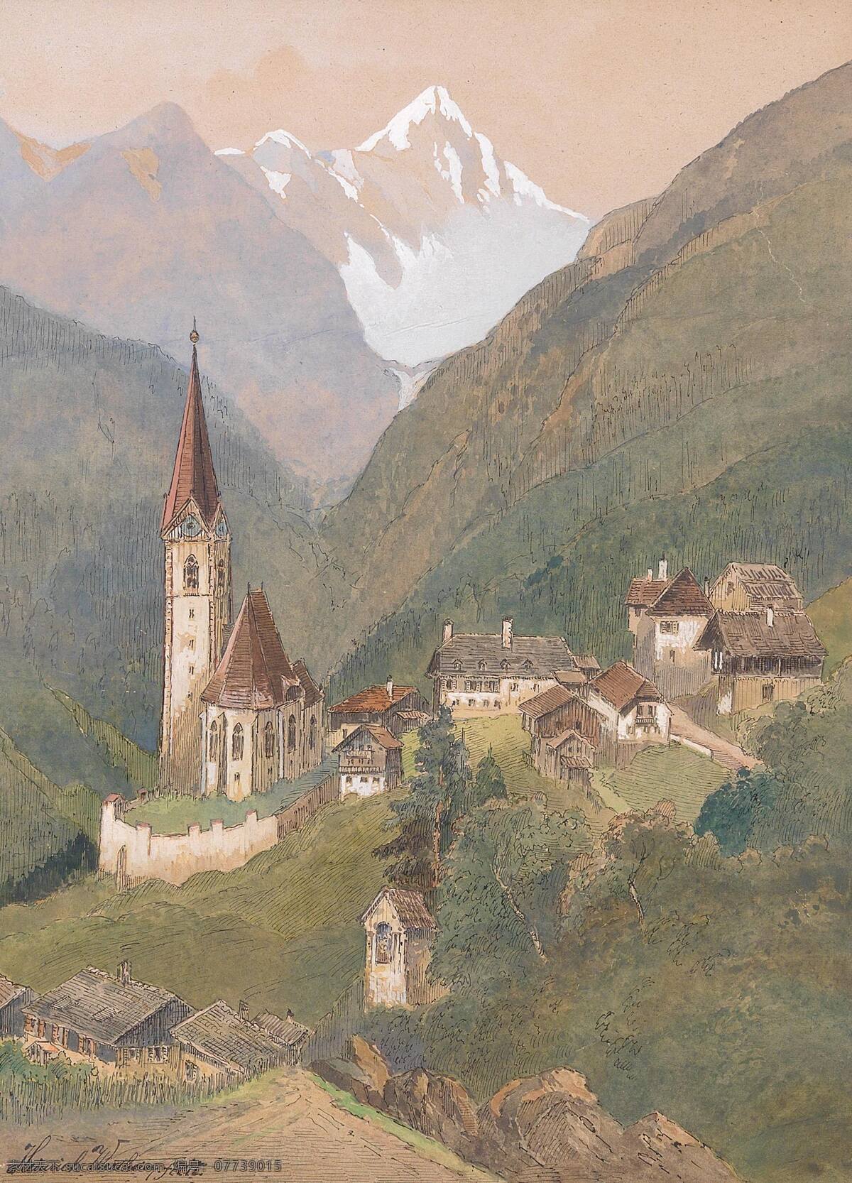 大格洛克纳山 海因里希韦 作品 奥地利 最高山峰 阿尔卑斯山脉 山系 教堂 世纪 水彩画 文化艺术 绘画书法