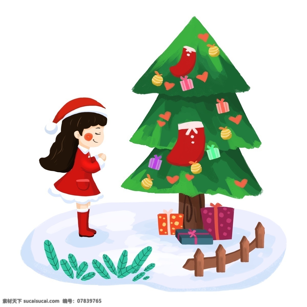 圣诞 绿色 唯美 元素 女孩 许愿 圣诞节 圣诞树 圣诞女孩 红色 礼物 西方节日 雪地 袜子