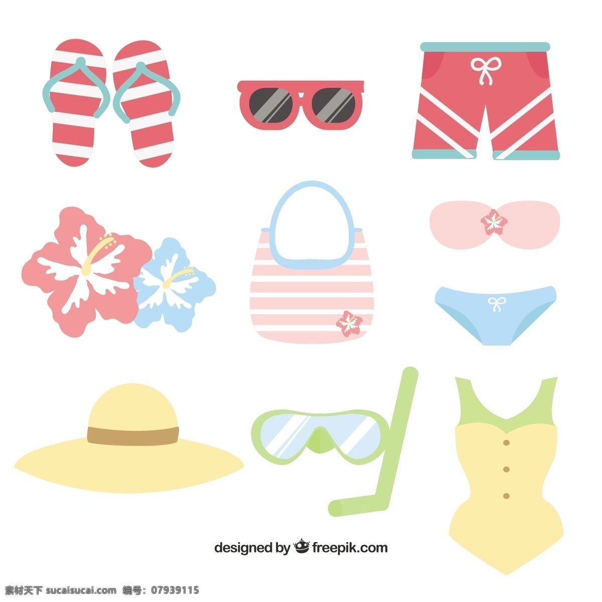漂亮 装饰 夏季 物品 花 夏天 颜色 节日 袋 平 帽子 平面设计 度假 潜水 比基尼 季节 包 太阳镜 对象 漂亮的泳衣 人字拖