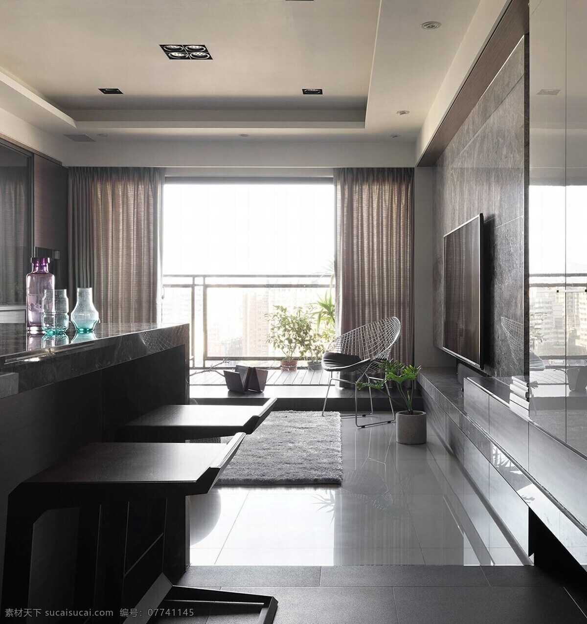 现代 时尚 客厅 深色 亮 桌子 室内装修 效果图 瓷砖地板 客厅装修 亮面背景墙 深灰色地毯