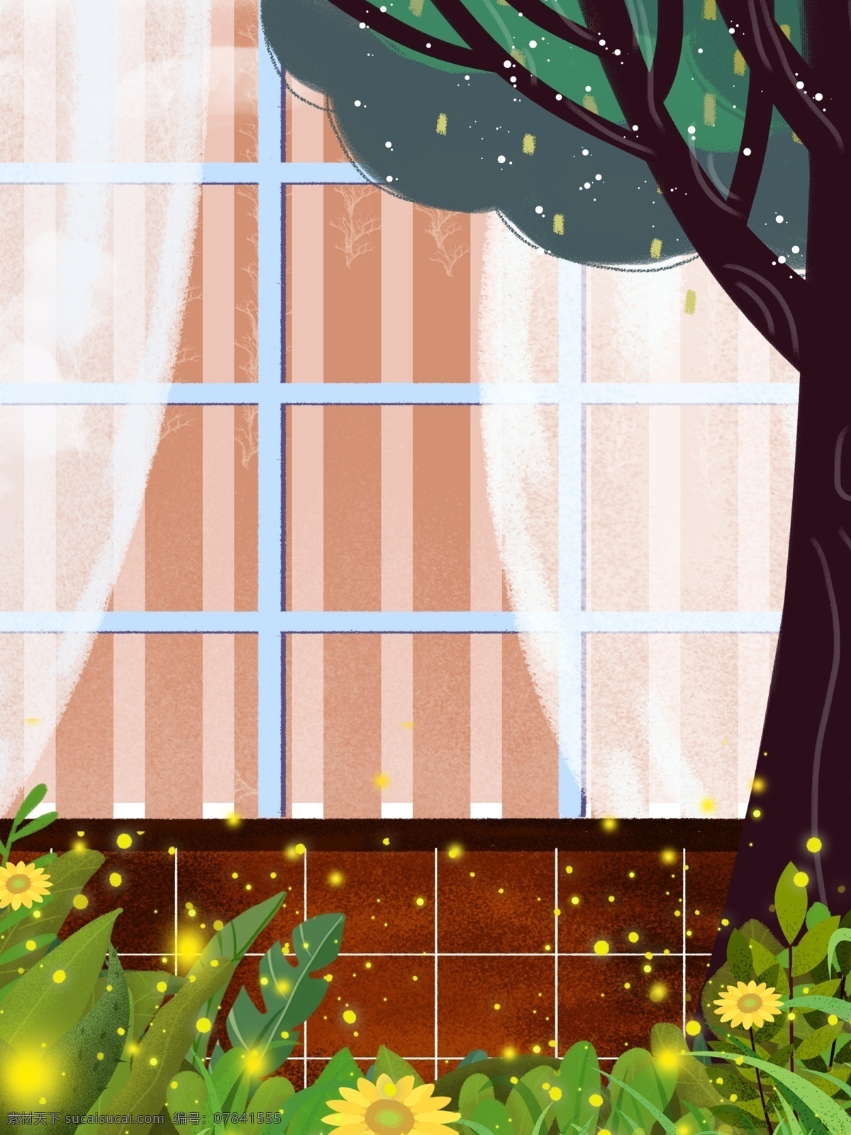 植物 树木 窗户 外面 手绘 背景 草丛 窗户卡通 彩色 创意 装饰 设计背景 海报背景 简约 图案
