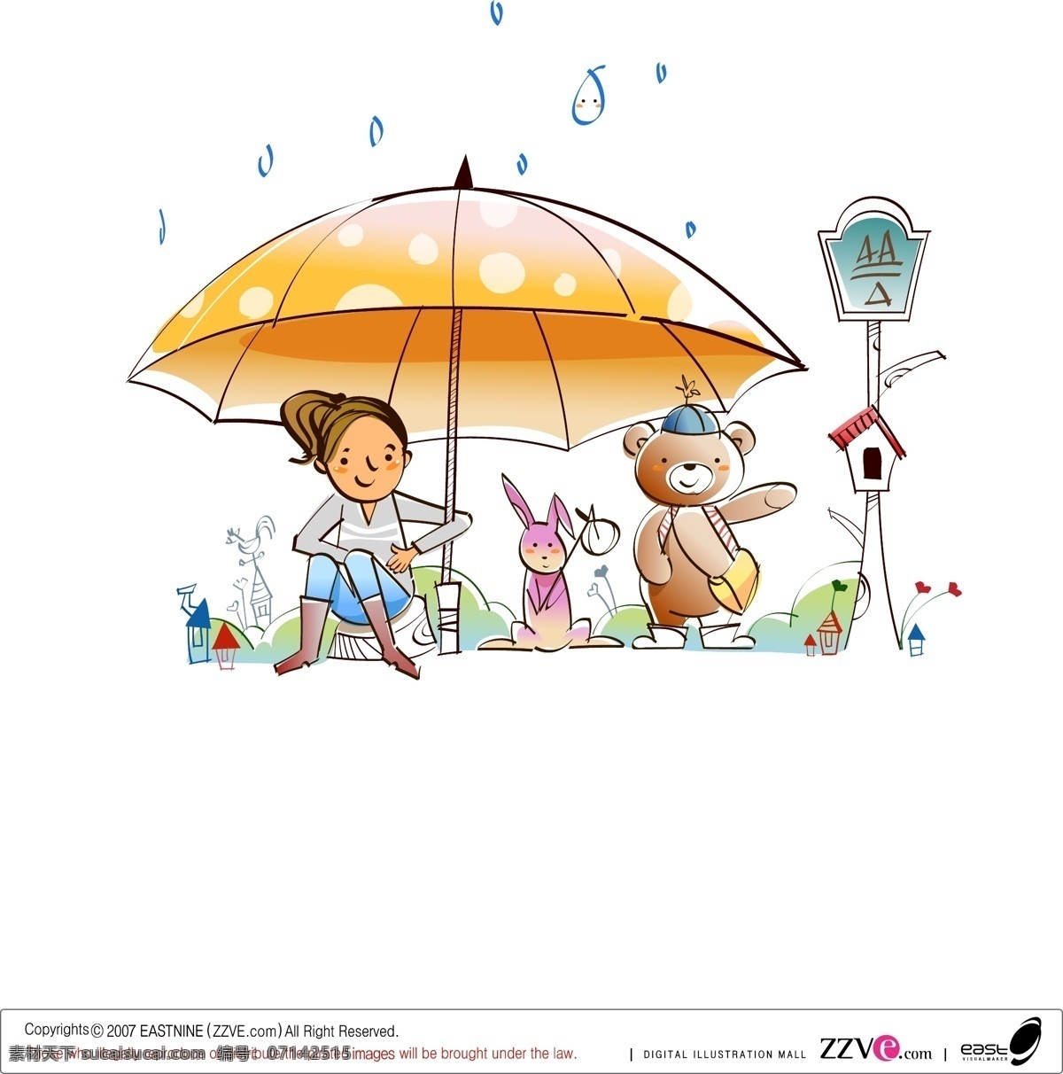 雨伞 下 小女孩 矢量 插画 高清 源文件 矢量插画 童话 兔子 小熊 矢量图 矢量人物