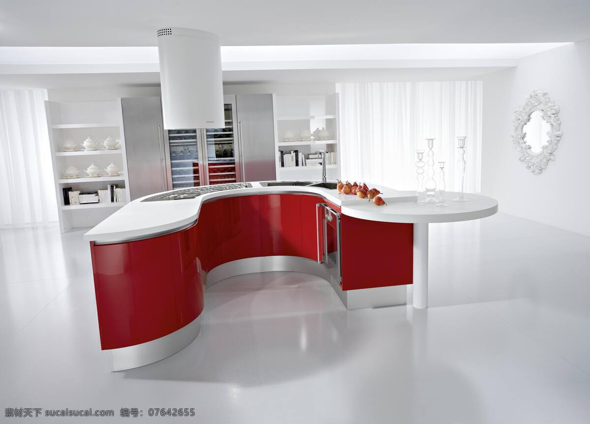 白色 餐厅 厨房 橱柜 简约 建筑园林 镜子 欧式 高调 红色 奢华 室内摄影 红色橱柜 装饰素材