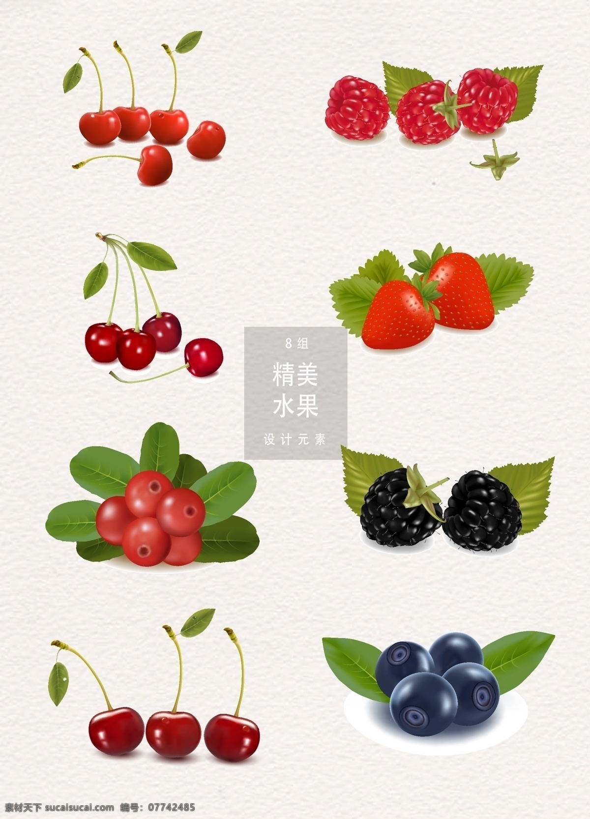 逼真 水果 元素 植物 樱桃 草莓 蓝莓 矢量素材 水果元素 树莓 ai素材