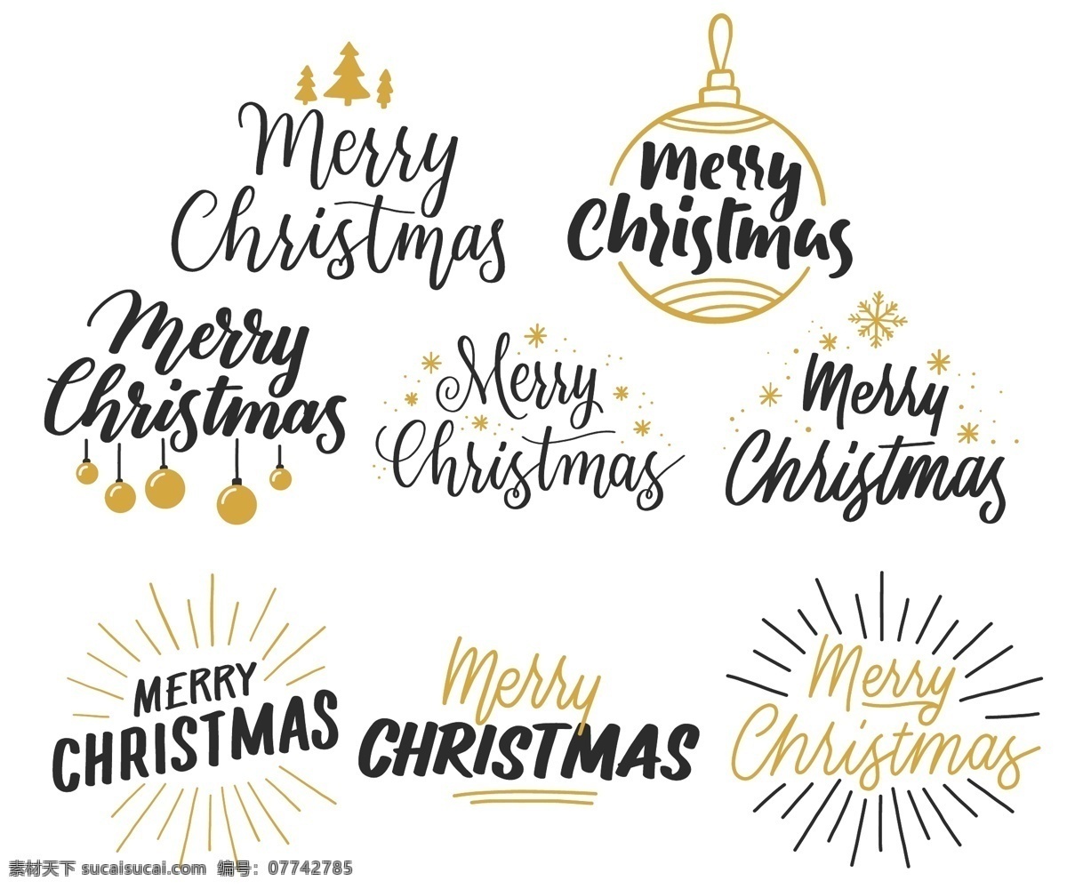 手写 文字 圣诞 标签 英文 圣诞树 圣诞节 矢量素材 彩灯 ai素材