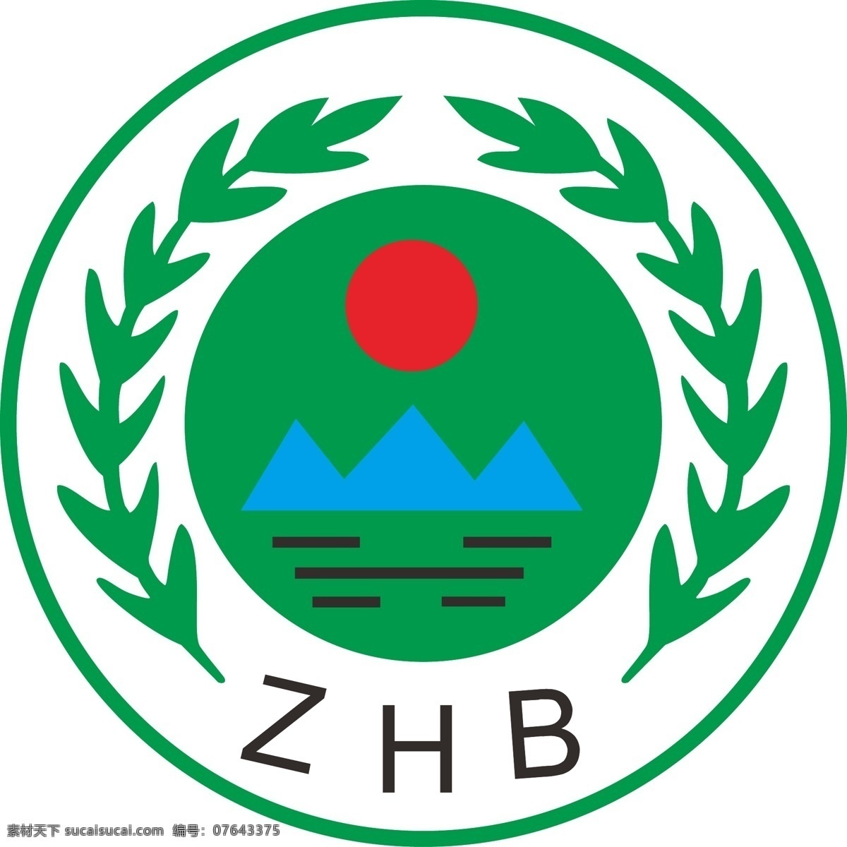 zhb 标志 logo设计 山 树枝 太阳 圆形 字母zhb 水 环保色 矢量图