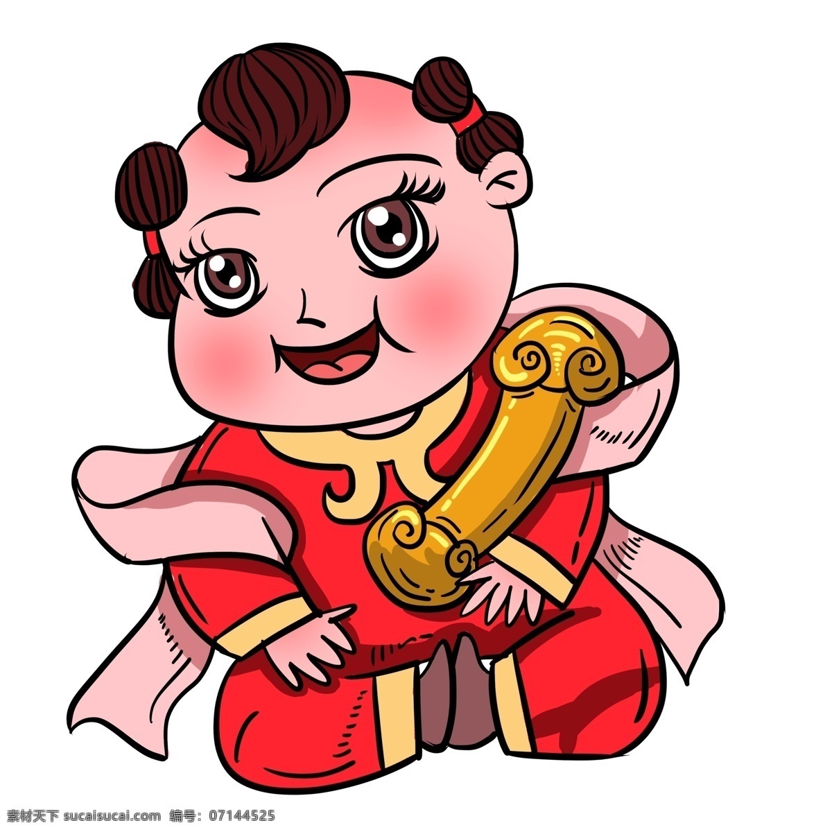 喜庆 玉 如意 年画 娃娃 创意 彩绘 中国风 插画 潮漫 年画娃娃 女娃 孩童 玉如意 年画元素 猪年 中国年
