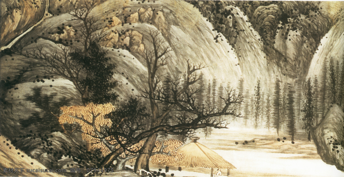 自然风光 插画 高山 河流 国画 油画 手绘 素描 装饰画 无框画 中国风 油墨 书画文字 文化艺术