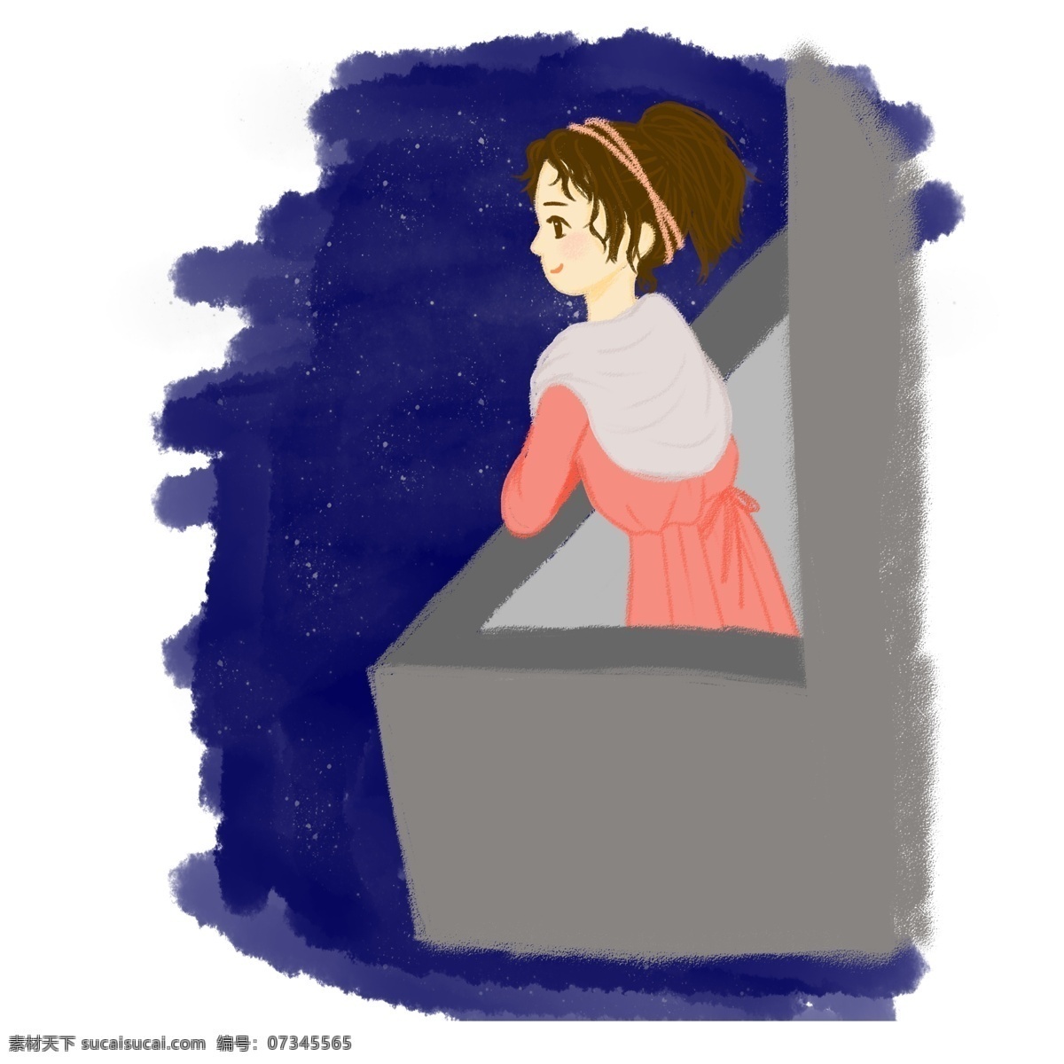 手绘 人物 阳台 上 看 夜景 卷发 女生 商用 元素 女孩 星空 夜晚 元素图标 粉色裙子