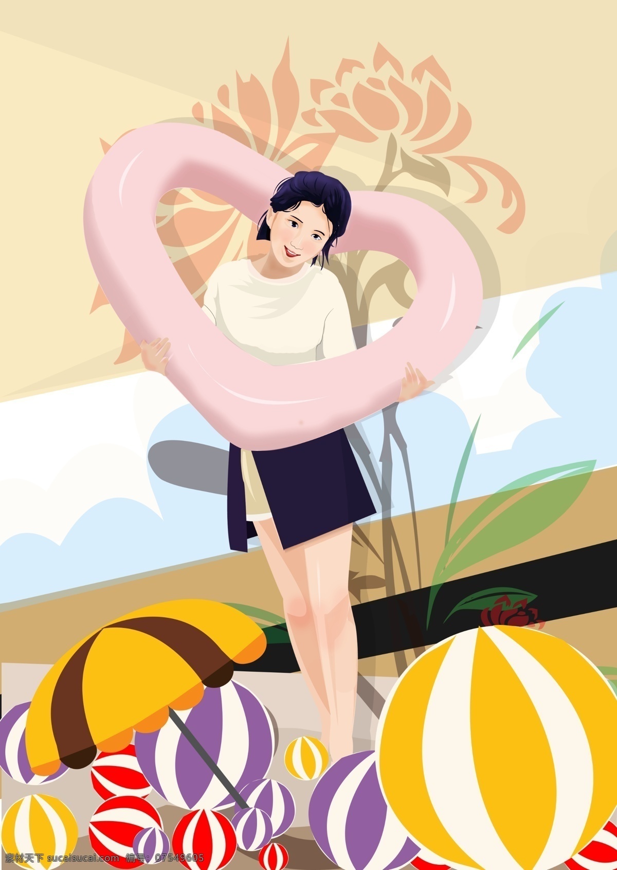 爱心 圈 皮球 少女 插画 少女插画 玫瑰花 海滩 ps 拿爱心圈 黄色伞子 底图白云