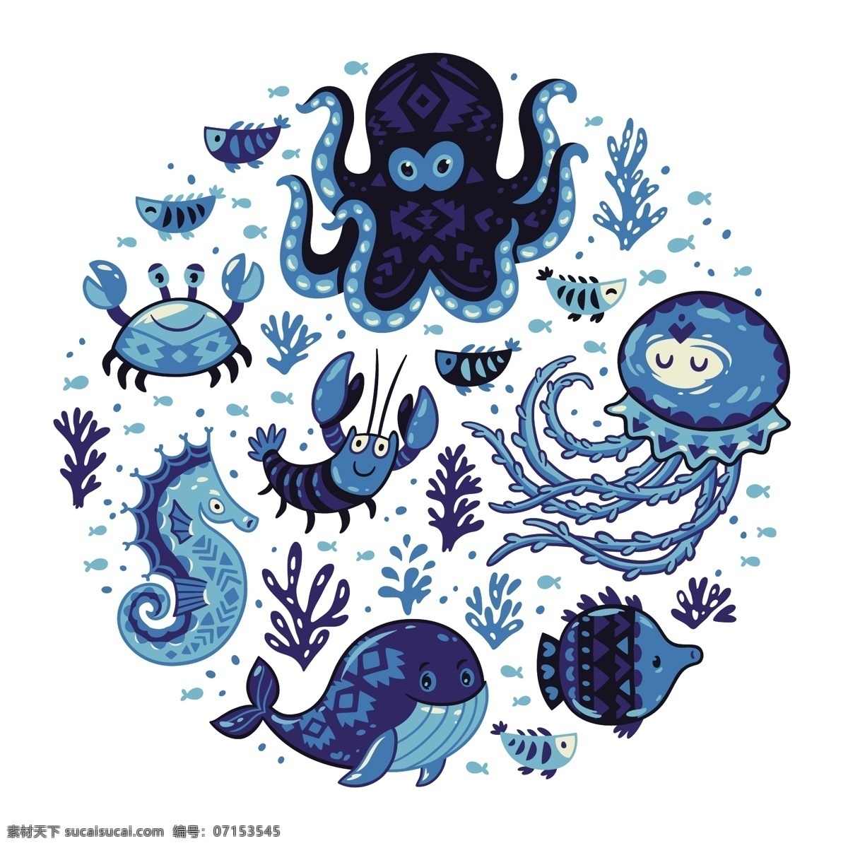 蓝色 卡通 海洋 动物 插画 可爱 章鱼 水母 螃蟹 龙虾 海马 鲸鱼