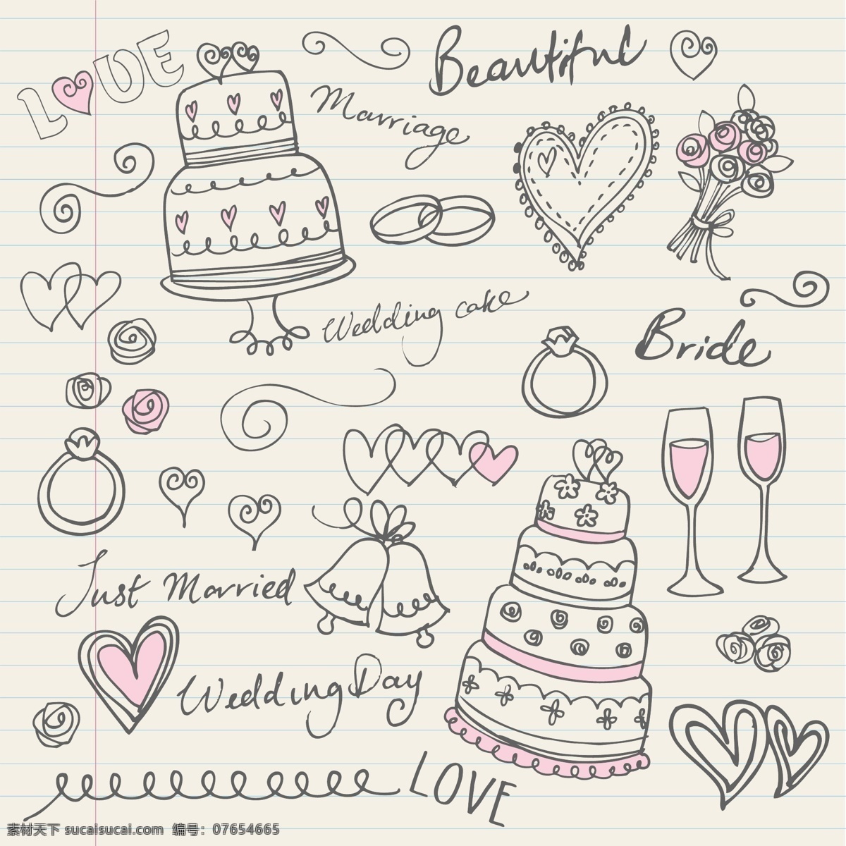 手绘 婚礼 插画 矢量 模板 蛋糕 酒杯 花纹 结婚 婚礼背景 其它节 节日素材 矢量素材
