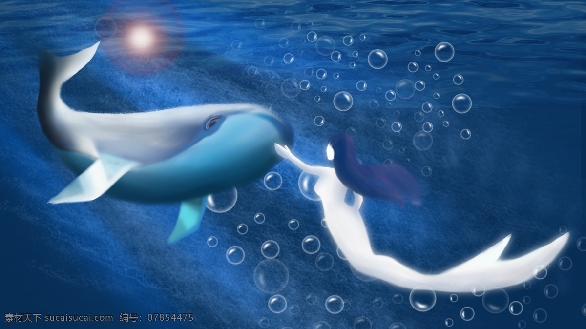 深海 遇 鲸 女孩 插画 美人鱼 海底 泡泡 深海遇鲸