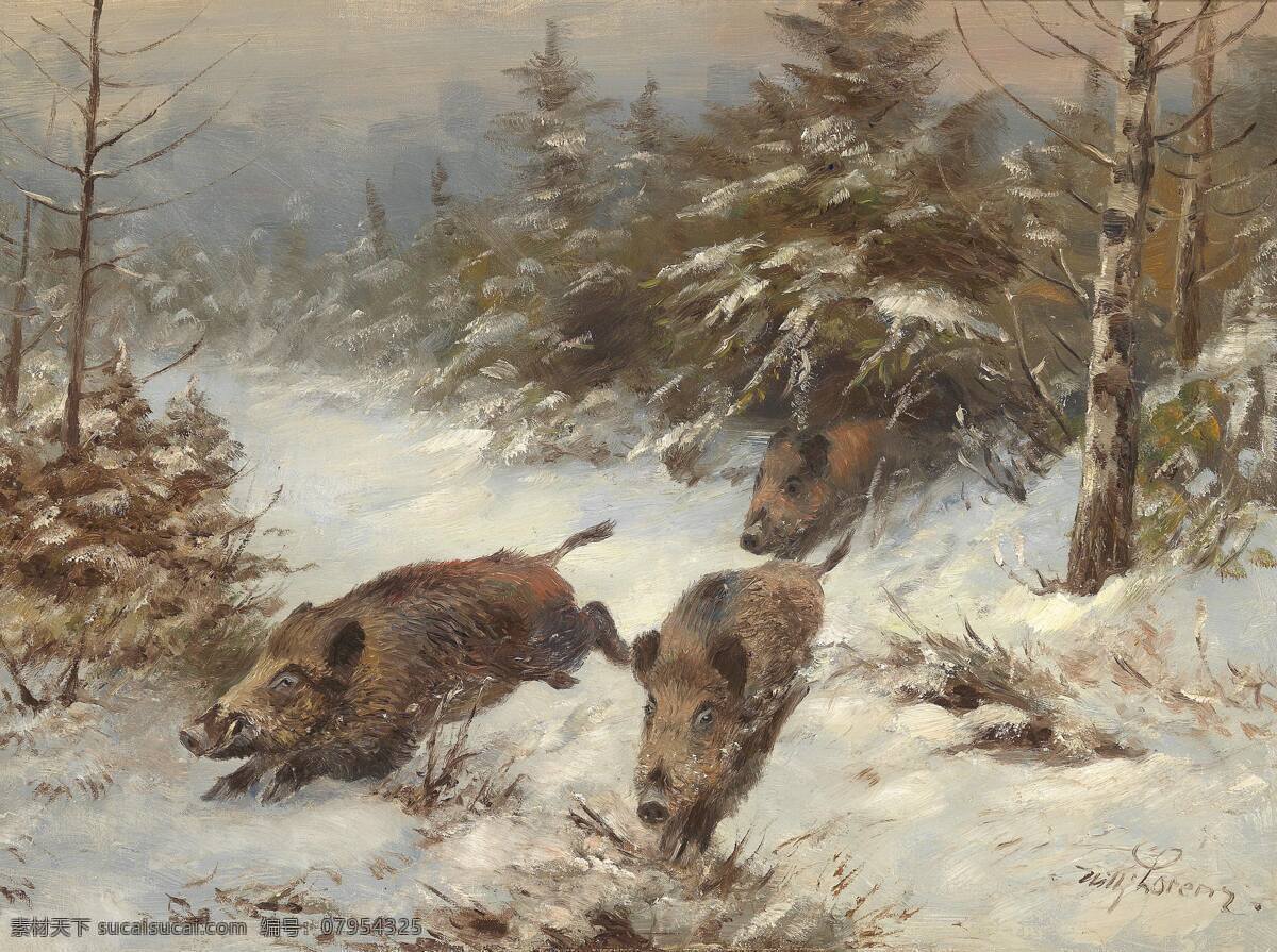 奔逃 寒冬 树林 雪地 三只野猪 逃命 19世纪油画 油画 文化艺术 绘画书法