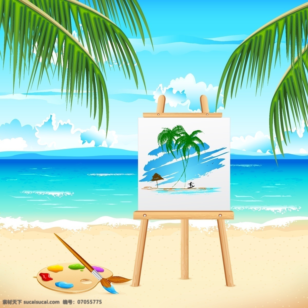 白云 大海 风景 海浪 海滩 画画 绘画 蓝天 沙滩 夏日海边 写真 油墨 颜料 水墨画 写生 椰子 椰子树 沙子 自然 矢量 自然风景 自然景观 psd源文件