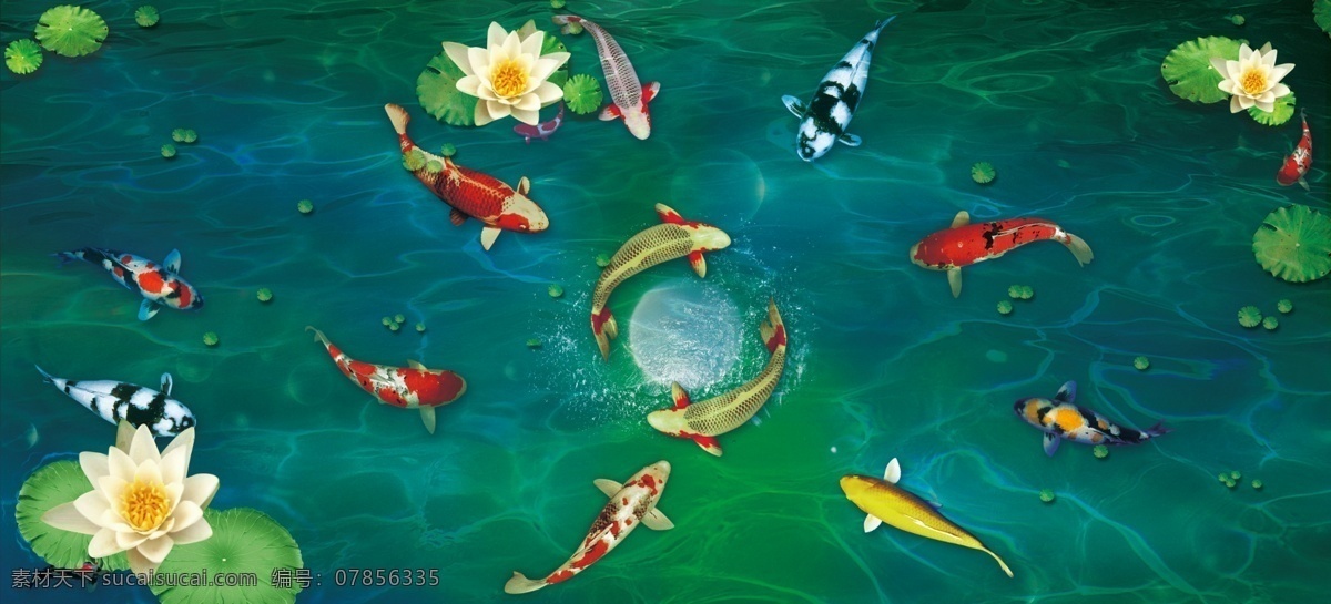锦 鲤鱼 锦鲤鱼 睡莲 莲花 水波 广告设计模板 源文件
