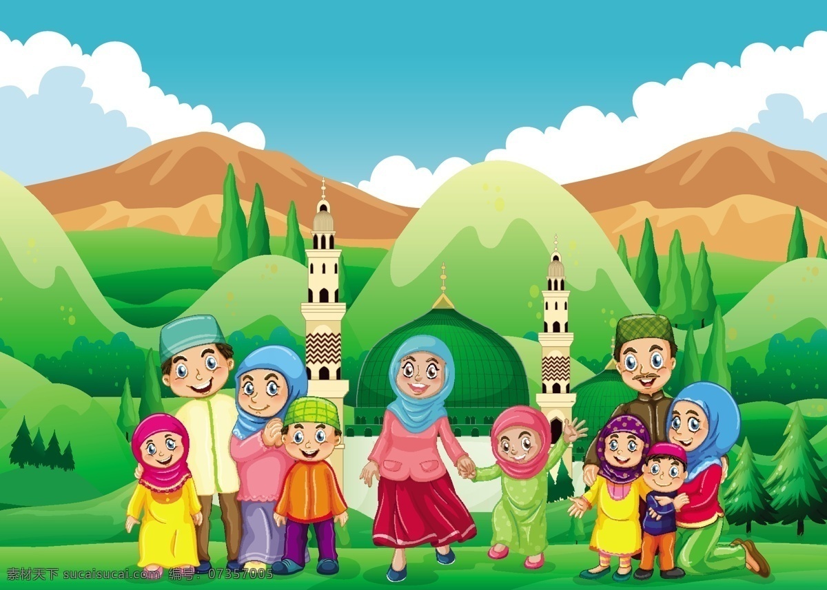 穆斯林儿童 民族 夫妻 阿拉伯人 卡通人物 手绘人物 儿童 小孩 一家人 卡通设计